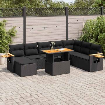 7 Piece Garden Sofa Set - Black Poly Rattan & Acacia