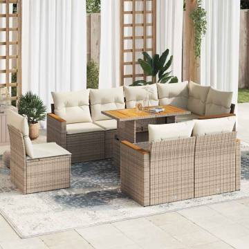 9 Piece Garden Sofa Set with Cushions - Beige Poly Rattan