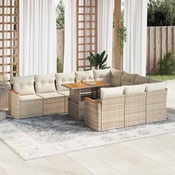 11 Piece Beige Garden Sofa Set with Cushions - Poly Rattan