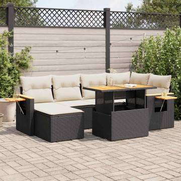 7 Piece Garden Sofa Set - Black Poly Rattan & Acacia