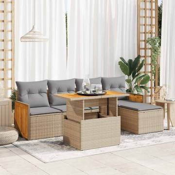 6 Piece Garden Sofa Set - Beige Poly Rattan & Acacia