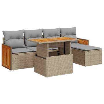 6 Piece Garden Sofa Set - Beige Poly Rattan & Acacia