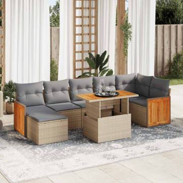 7 Piece Garden Sofa Set - Beige Poly Rattan & Acacia | Hipomarket