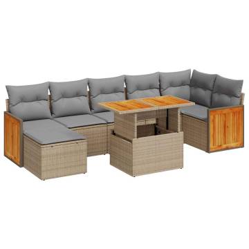 7 Piece Garden Sofa Set - Beige Poly Rattan & Acacia | Hipomarket