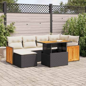 8 Piece Garden Sofa Set - Black Poly Rattan & Acacia