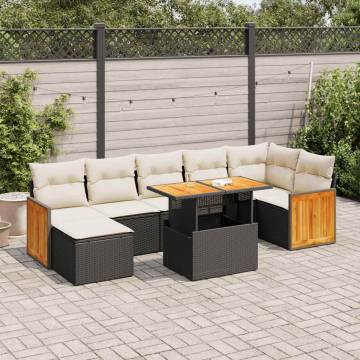 7 Piece Garden Sofa Set - Black Poly Rattan & Acacia Cushions