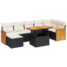 7 Piece Garden Sofa Set - Black Poly Rattan & Acacia Cushions