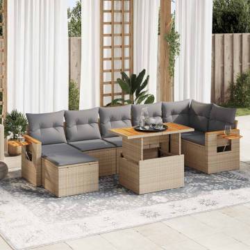 8 Piece Garden Sofa Set with Cushions - Beige Poly Rattan