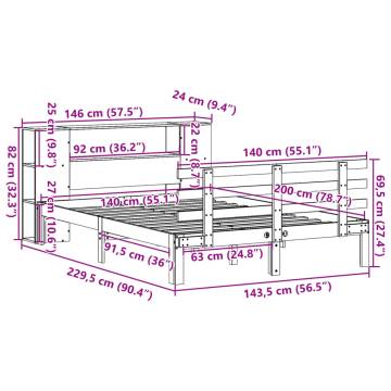 Bookcase Bed without Mattress - Wax Brown, 140x200cm Solid Wood