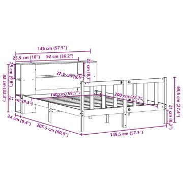 Bookcase Bed 140x200 cm - Solid Pinewood, No Mattress Included