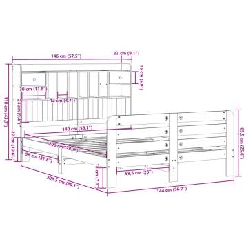 Stylish Bookcase Bed in Wax Brown | Solid Pine 140x200 cm