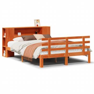 Bookcase Bed without Mattress - Wax Brown Solid Wood Pine