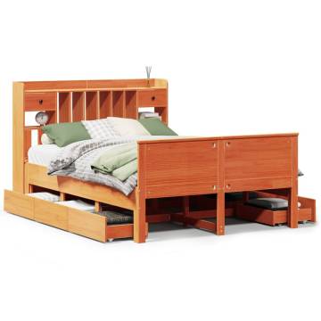 Bookcase Bed without Mattress - Wax Brown Solid Wood Pine