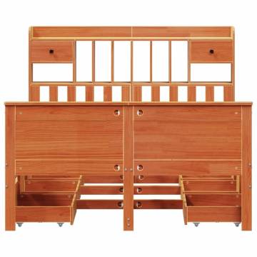 Bookcase Bed without Mattress - Wax Brown Solid Wood Pine