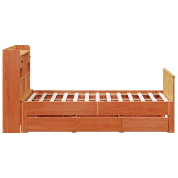 Bookcase Bed without Mattress - Wax Brown Solid Wood Pine