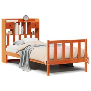 Bookcase Bed without Mattress - Solid Pine Wood, Wax Brown