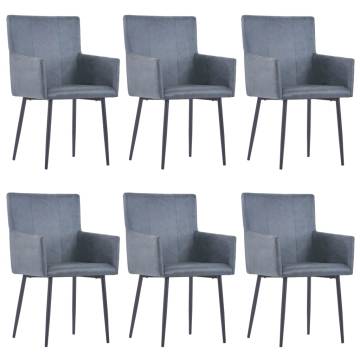 Modern Grey Faux Suede Dining Chairs with Armrests - 6 pcs