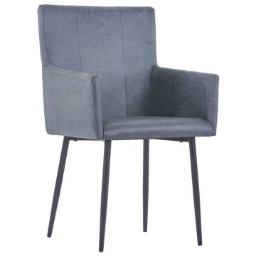 Modern Grey Faux Suede Dining Chairs with Armrests - 6 pcs