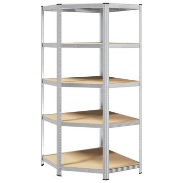 5-Layer Corner Shelf - Silver Steel & Engineered Wood Storage