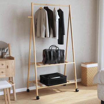 Bamboo Clothes Rack with Shelves & Wheels - Space Saver