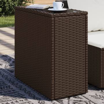 Garden Side Table with Glass Top - Brown Poly Rattan 58x27.5cm