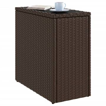 Garden Side Table with Glass Top - Brown Poly Rattan 58x27.5cm