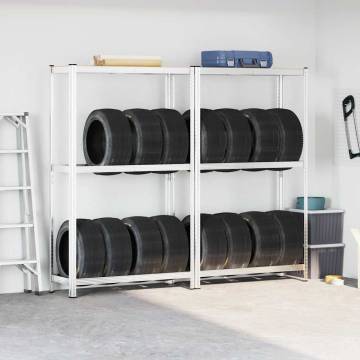 2-Layer Tyre Shelves - Silver Steel & Wood - 110x40x180 cm