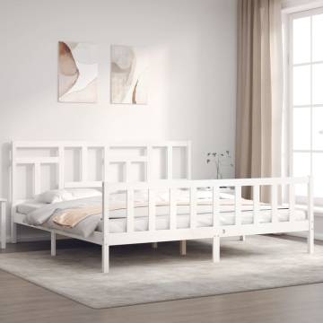 White Bed Frame with Headboard, 200x200 cm - Solid Wood