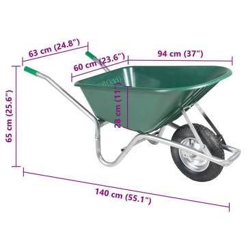 Heavy-Duty Green Wheelbarrow - 90L, 150kg Capacity