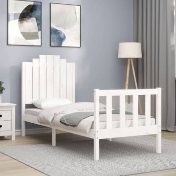 White Small Single Bed Frame with Headboard - Solid Wood