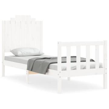 White Small Single Bed Frame with Headboard - Solid Wood