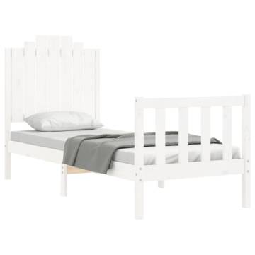 White Small Single Bed Frame with Headboard - Solid Wood