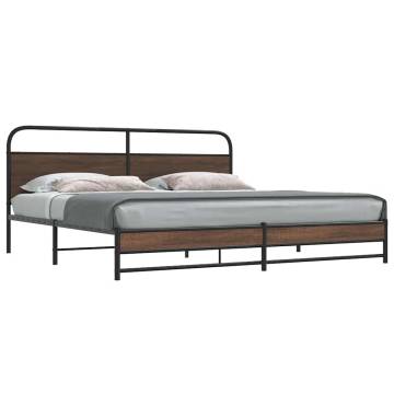 Robust Metal Bed Frame without Mattress in Brown Oak - 183x213 cm