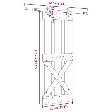 Solid Wood Pine Sliding Door with Hardware Set - 80x210 cm