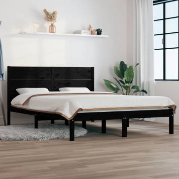 Black Bed Frame 135x190 cm - Solid Wood Double Frame