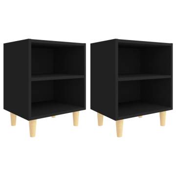 Stylish Black Bed Cabinets with Solid Wood Legs - 2 pcs