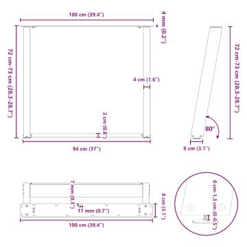 U-Shaped Dining Table Legs - Black Steel - 100x(72-73) cm