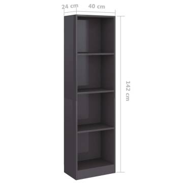 4-Tier High Gloss Grey Book Cabinet - Stylish Storage Solution