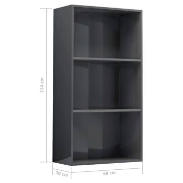 Stylish 3-Tier High Gloss Grey Book Cabinet - 60x30x114 cm