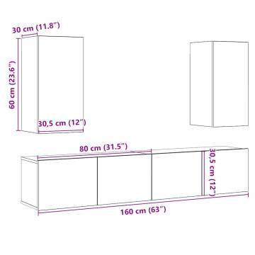 Stylish Wall Mounted TV Cabinets - 4 pcs Old Wood Finish