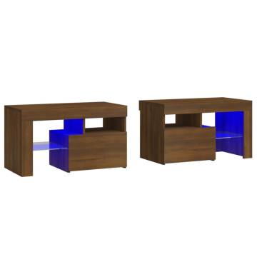 Elegant Brown Oak Bedside Cabinets with LED Lights - 2 pcs