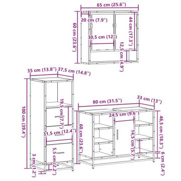 3 Piece Bathroom Furniture Set - Brown Oak Engineered Wood