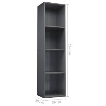 Sleek High Gloss Grey Book Cabinet & TV Cabinet - 36x30x143 cm