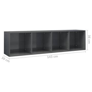 Sleek High Gloss Grey Book Cabinet & TV Cabinet - 36x30x143 cm