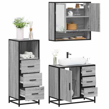 3 Piece Bathroom Furniture Set - Grey Sonoma Engineered Wood