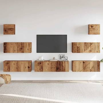 7 Piece TV Cabinet Set - Old Wood Wall-Mounted Storage