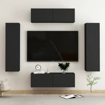 Stylish 4 Piece TV Cabinet Set - Black Engineered Wood