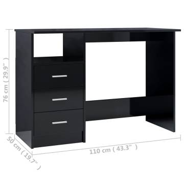 Sleek High Gloss Black Desk with Drawers | 110x50x76 cm