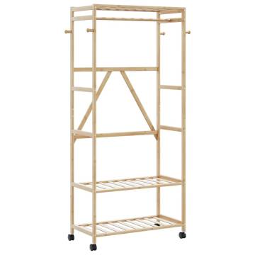 Bamboo Clothes Rack with Shelves & Wheels - 90x40x179.5 cm