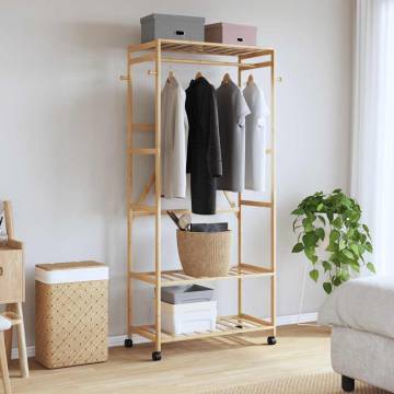 Bamboo Clothes Rack with Shelves & Wheels - 90x40x179.5 cm